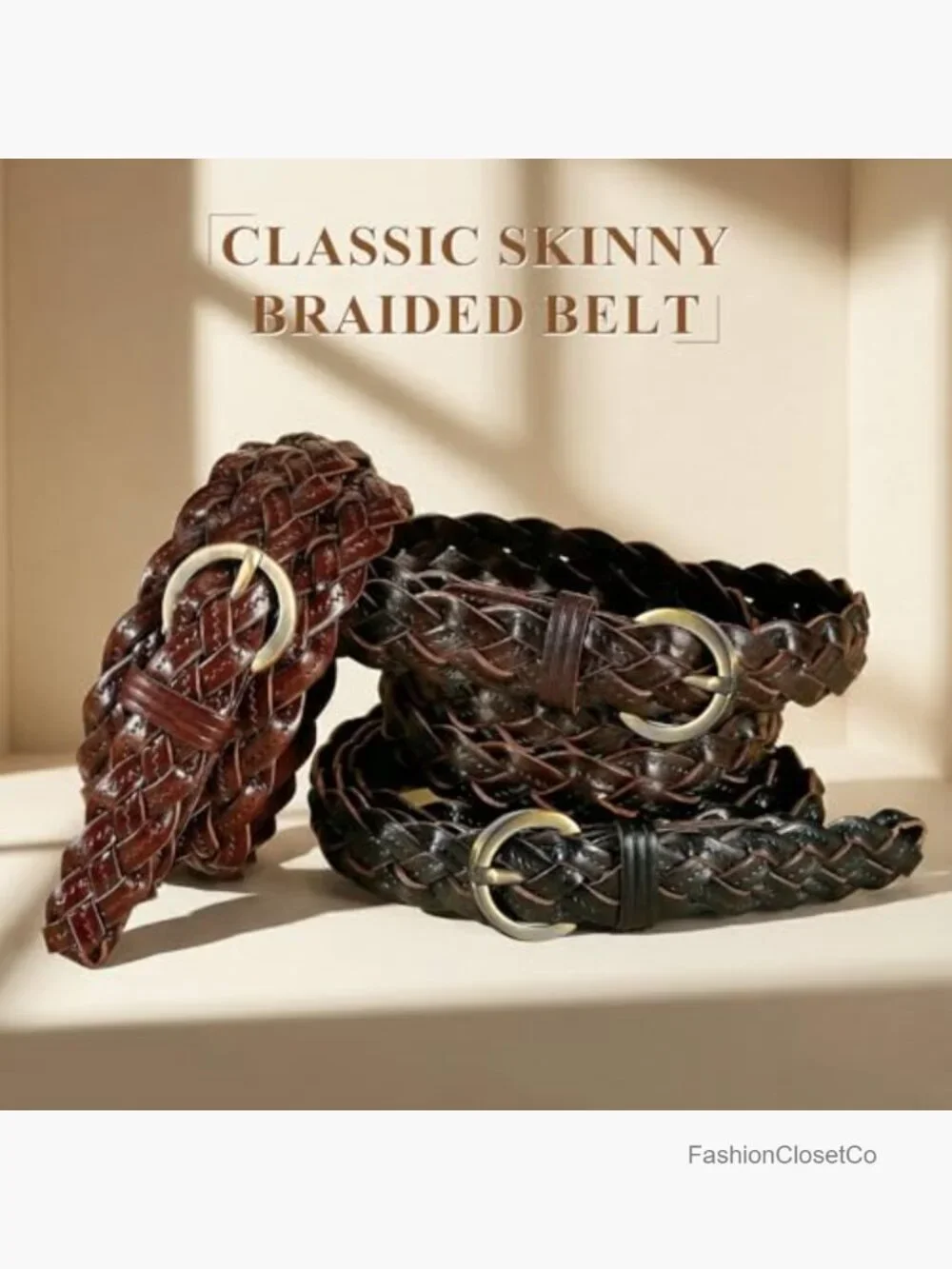 2 Braided Leather Belts - Skinny Woven Belt for Jeans & Pants